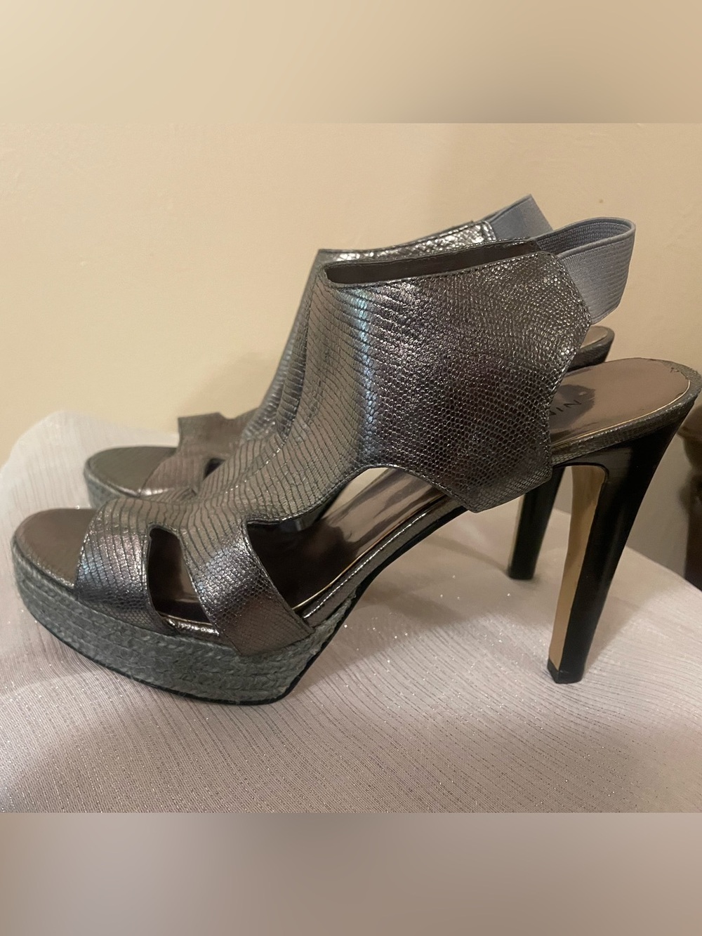 Nine West Metallic Charcoal Peep-Toe High Heel Sandals
